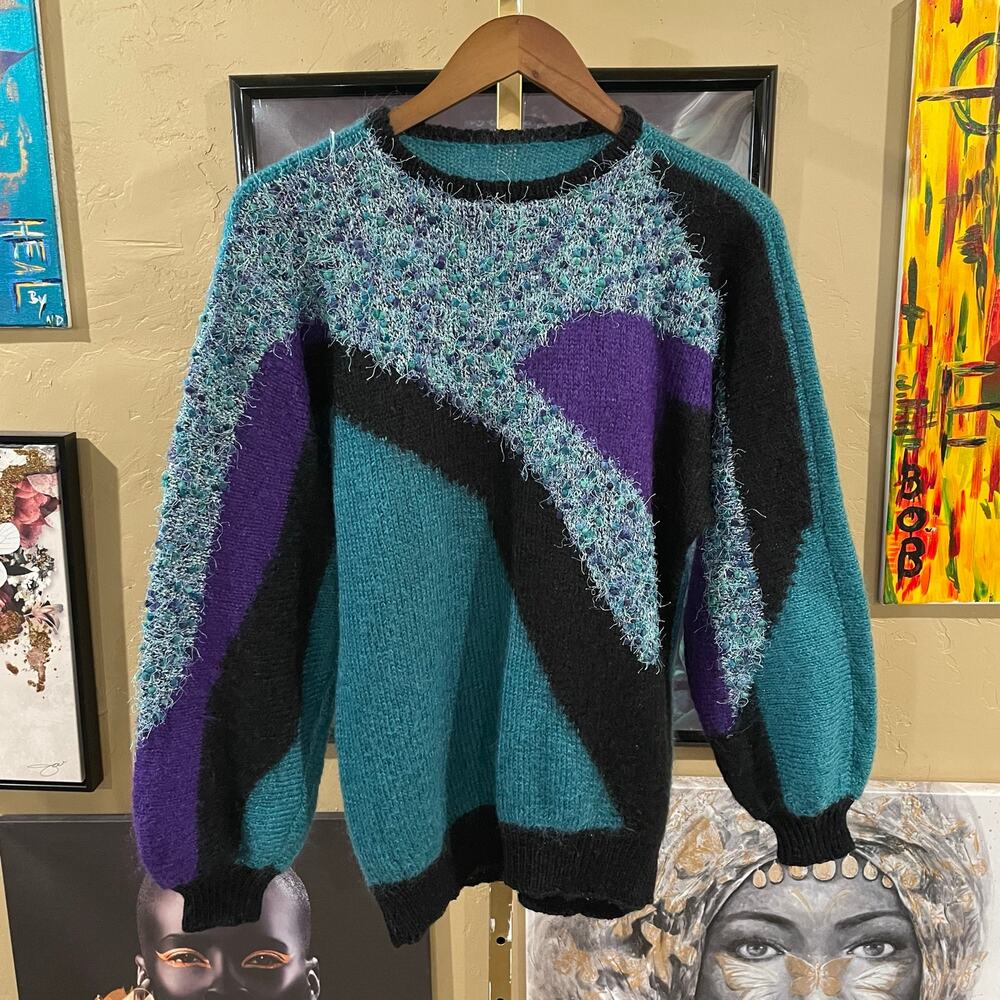 80s Vintage Color Block Cashmere Euro Imported Sweater Retro Boho  Large